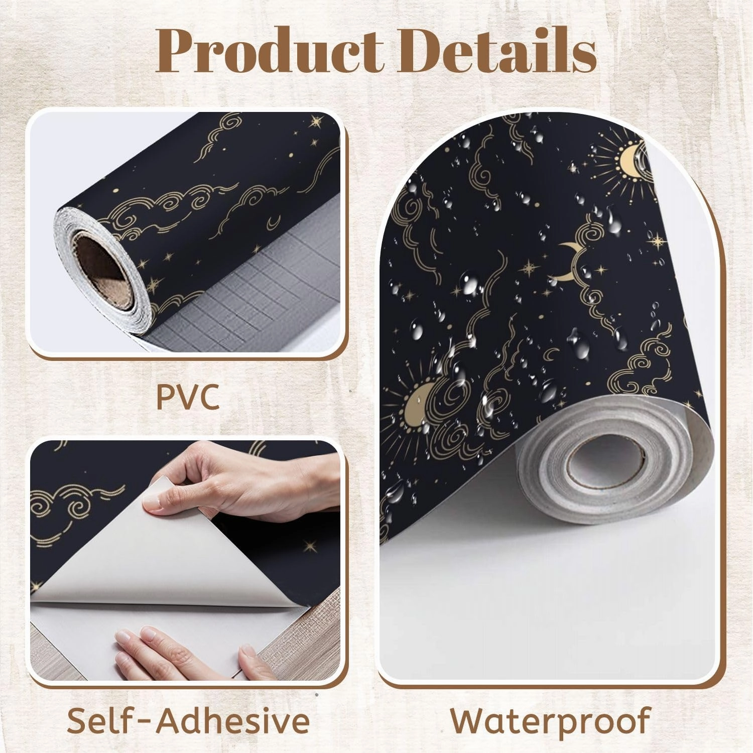 Peel and Stick Wallpaper Self Adhesive Wall Mural Seamless magic pattern sun moon clouds stars elements dark Cosmos Contact Paper Renter Friendly Wallpaper for Kitchen Nursery Bedroom 17.7"x118"