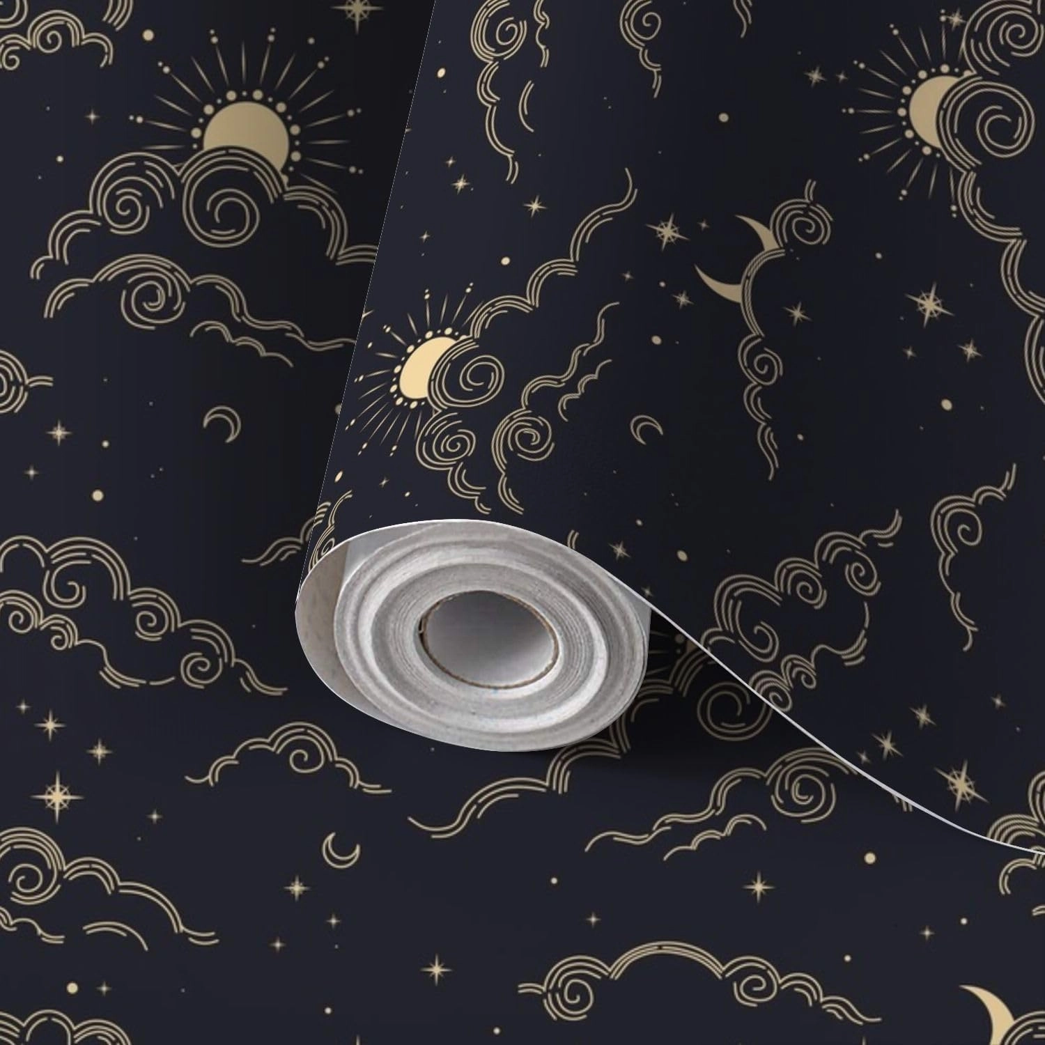 Peel and Stick Wallpaper Self Adhesive Wall Mural Seamless magic pattern sun moon clouds stars elements dark Cosmos Contact Paper Renter Friendly Wallpaper for Kitchen Nursery Bedroom 17.7"x118"