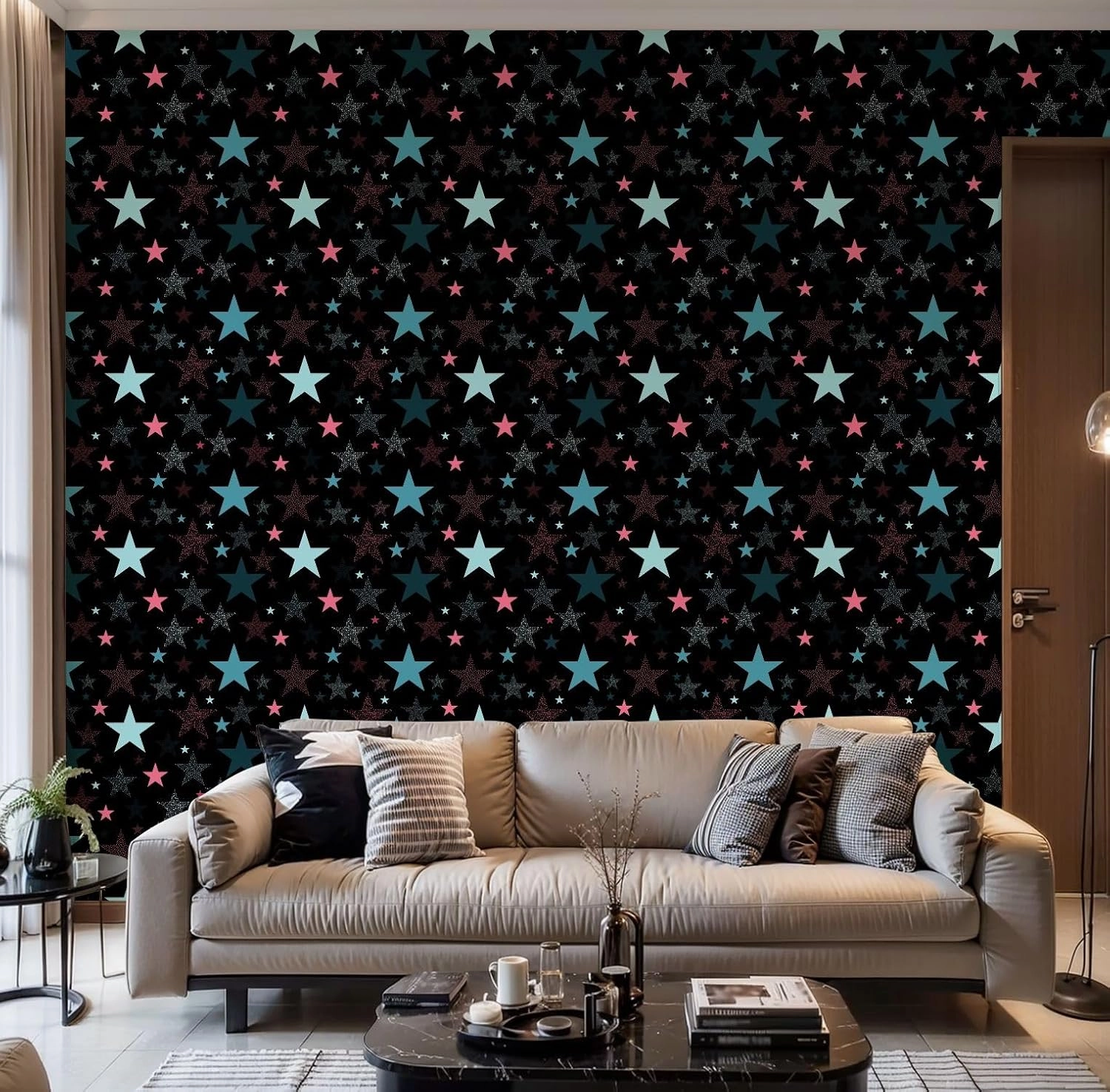Peel and Stick Wallpaper Self Adhesive Wall Mural seamless multicolored star pattern for children white multicolored Contact Paper Renter Friendly Wallpaper for Kitchen Nursery Bedroom 17.7"x118"