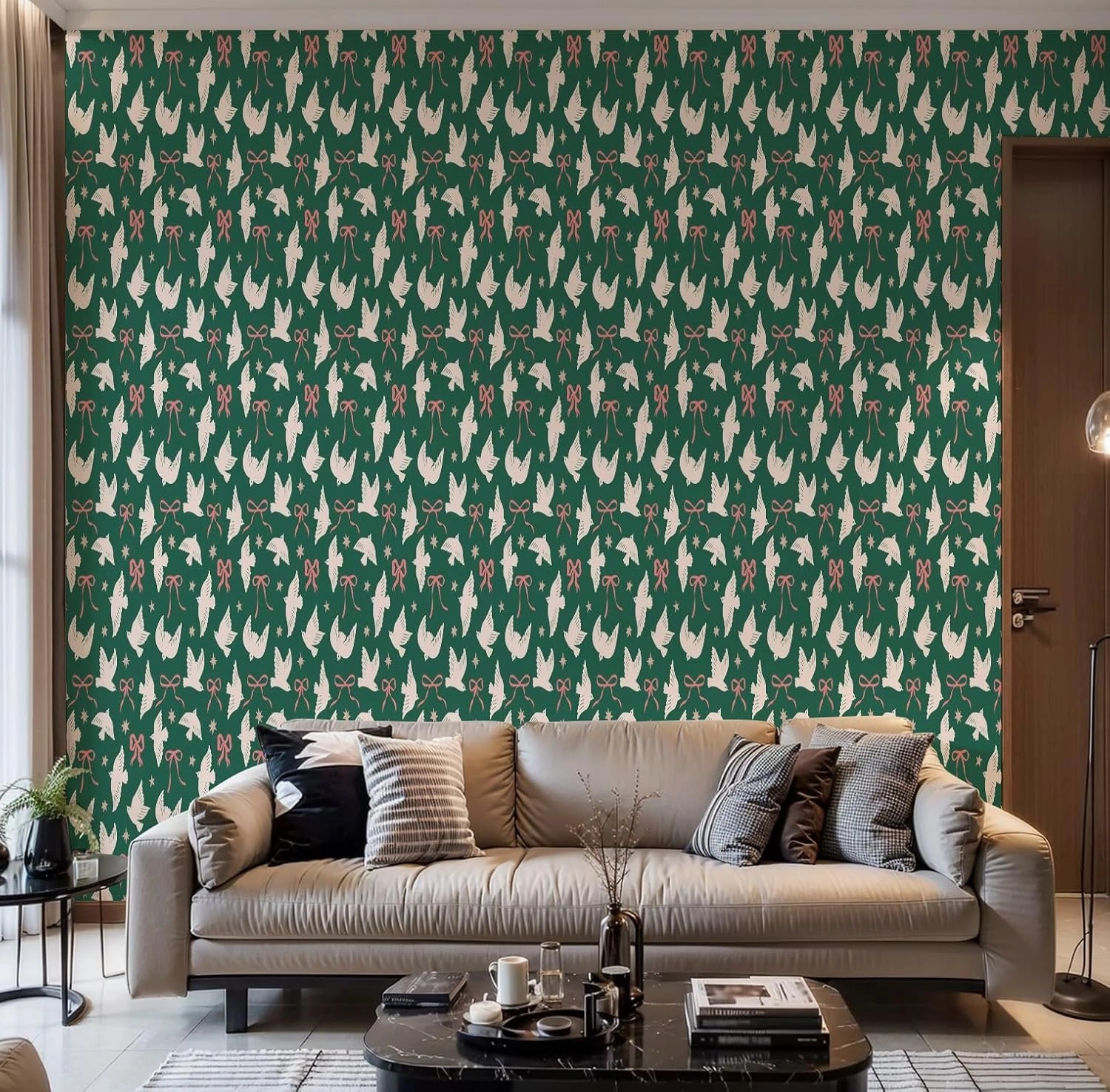 Peel and Stick Wallpaper Self Adhesive Wall Mural Seamless pattern abstract birds bows stars Trendy hand drawn coquette Contact Paper Renter Friendly Wallpaper for Kitchen Nursery Bedroom 17.7"x118"