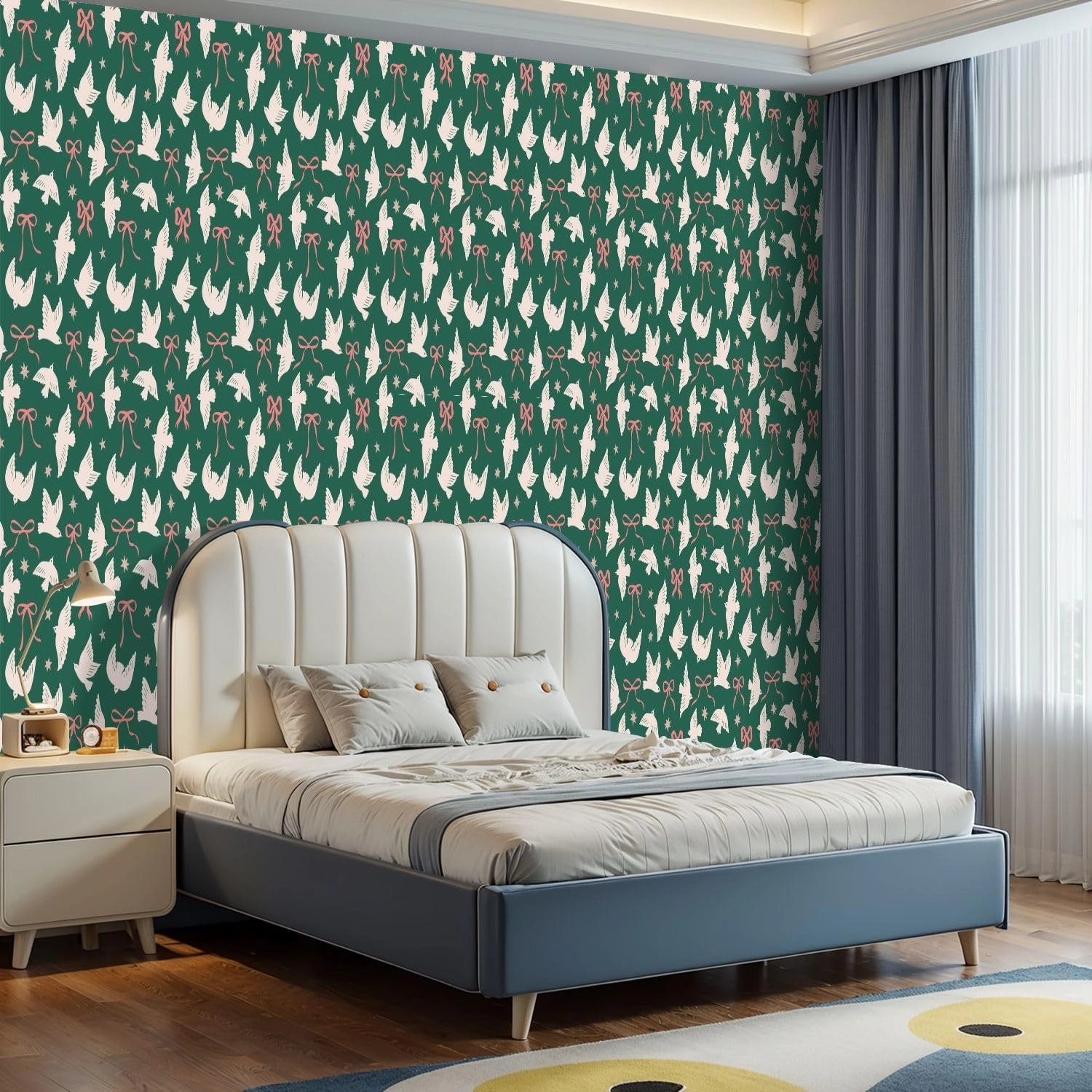 Peel and Stick Wallpaper Self Adhesive Wall Mural Seamless pattern abstract birds bows stars Trendy hand drawn coquette Contact Paper Renter Friendly Wallpaper for Kitchen Nursery Bedroom 17.7"x118"