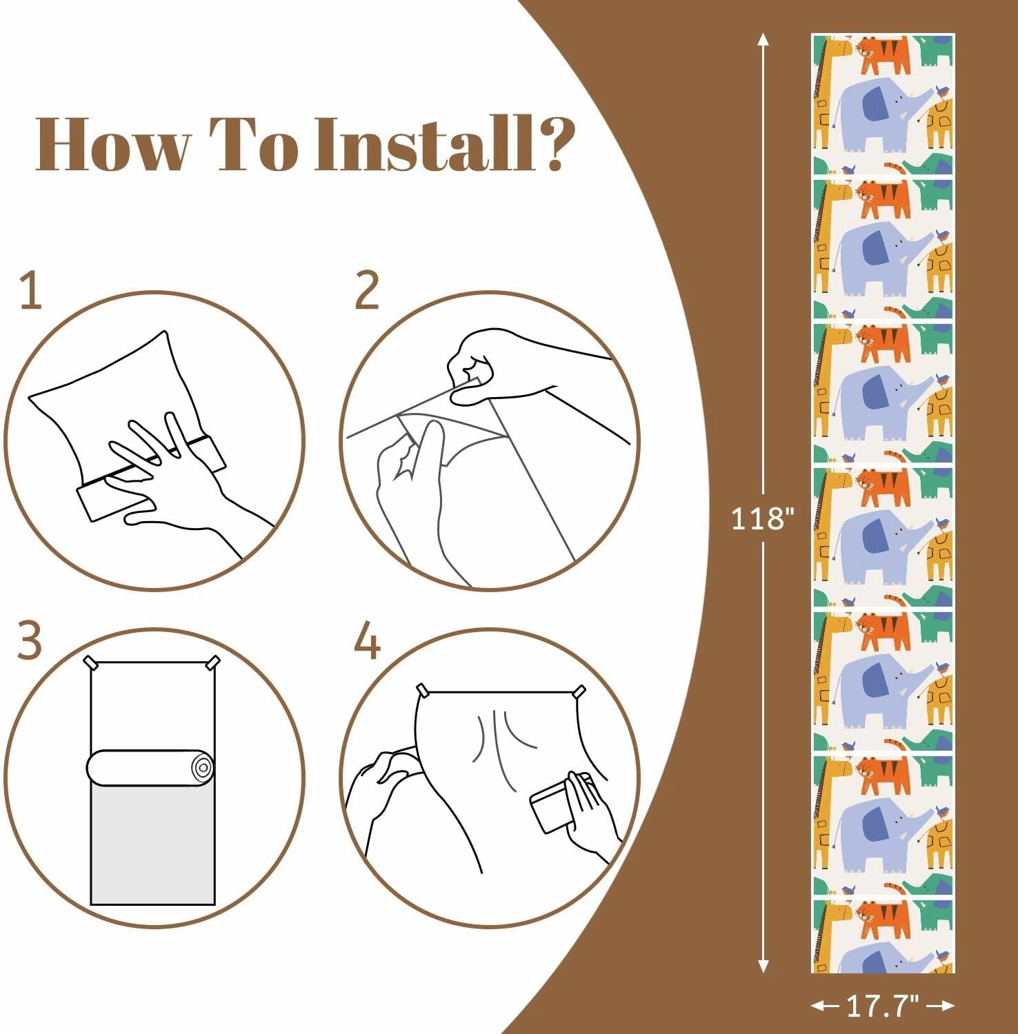Peel and Stick Wallpaper Self Adhesive Wall Mural Seamless pattern cute Safari animals Elephant tiger Giraffe Hand drawn Contact Paper Renter Friendly Wallpaper for Kitchen Nursery Bedroom 17.7"x118"