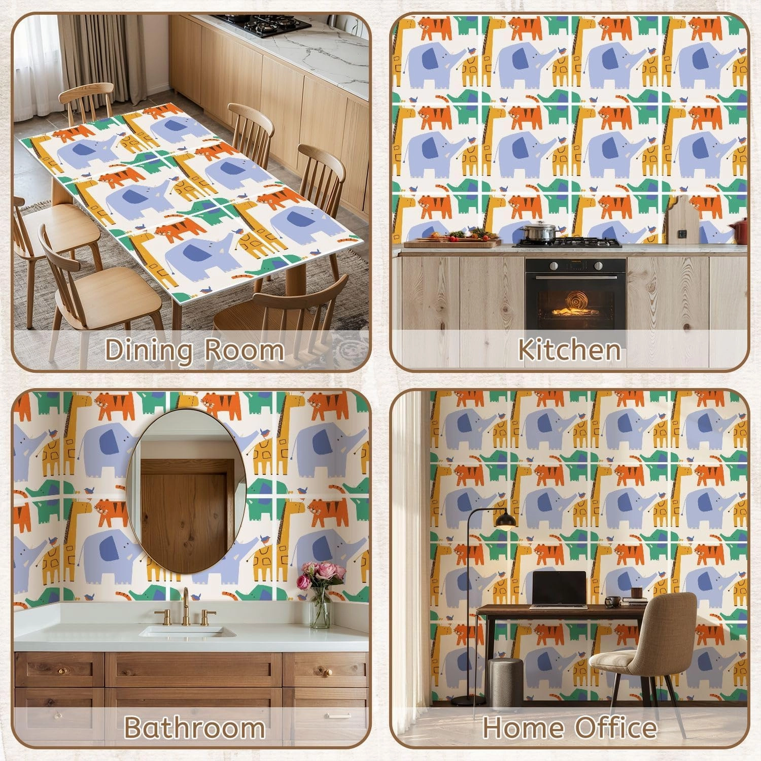 Peel and Stick Wallpaper Self Adhesive Wall Mural Seamless pattern cute Safari animals Elephant tiger Giraffe Hand drawn Contact Paper Renter Friendly Wallpaper for Kitchen Nursery Bedroom 17.7"x118"