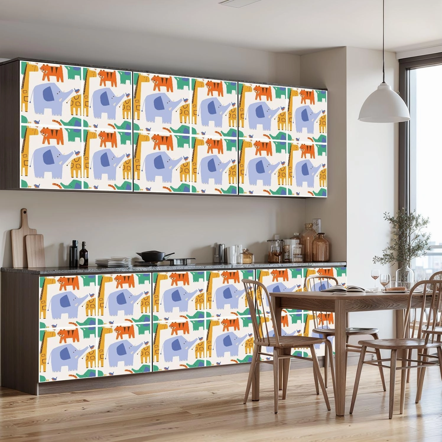 Peel and Stick Wallpaper Self Adhesive Wall Mural Seamless pattern cute Safari animals Elephant tiger Giraffe Hand drawn Contact Paper Renter Friendly Wallpaper for Kitchen Nursery Bedroom 17.7"x118"