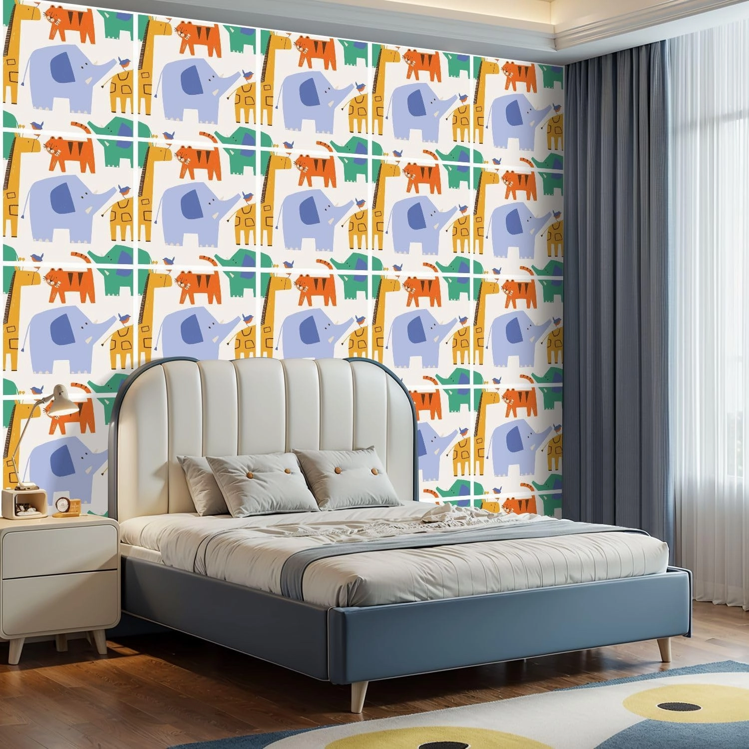 Peel and Stick Wallpaper Self Adhesive Wall Mural Seamless pattern cute Safari animals Elephant tiger Giraffe Hand drawn Contact Paper Renter Friendly Wallpaper for Kitchen Nursery Bedroom 17.7"x118"