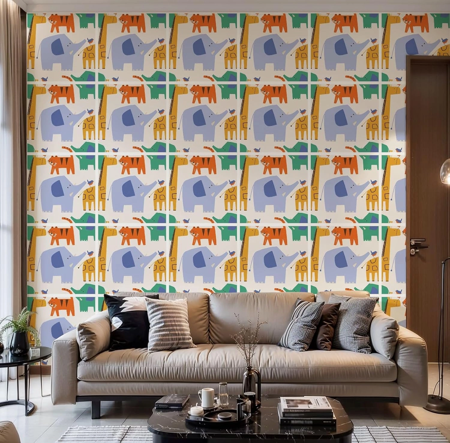 Peel and Stick Wallpaper Self Adhesive Wall Mural Seamless pattern cute Safari animals Elephant tiger Giraffe Hand drawn Contact Paper Renter Friendly Wallpaper for Kitchen Nursery Bedroom 17.7"x118"