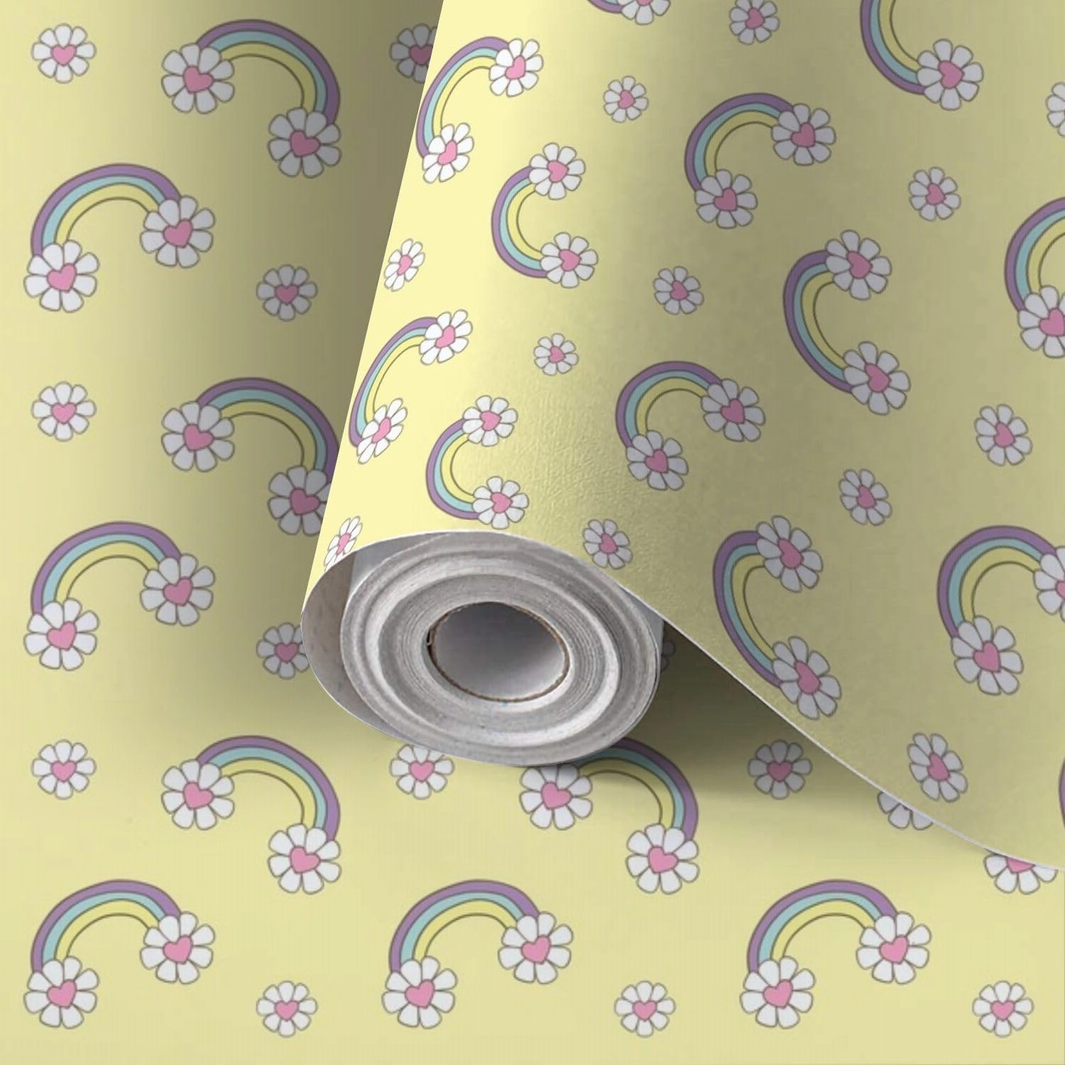Peel and Stick Wallpaper Self Adhesive Wall Mural seamless pattern featuring pastel rainbows daisy flowers pink hearts Contact Paper Renter Friendly Wallpaper for Kitchen Nursery Bedroom 17.7"x118"