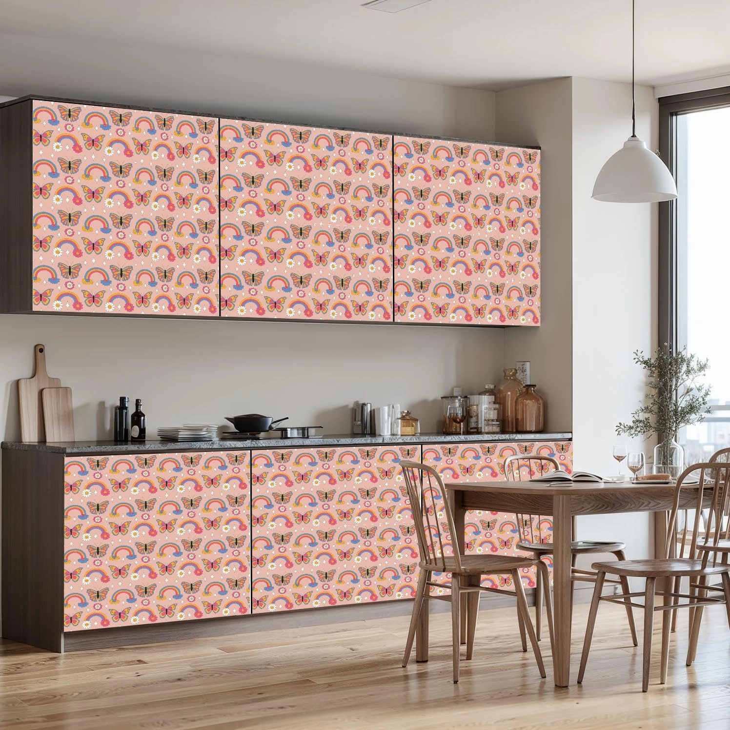 Peel and Stick Wallpaper Self Adhesive Wall Mural Seamless pattern retro daisies butterflies sparkles Summer rainbow Contact Paper Renter Friendly Wallpaper for Kitchen Nursery Bedroom 17.7"x118"