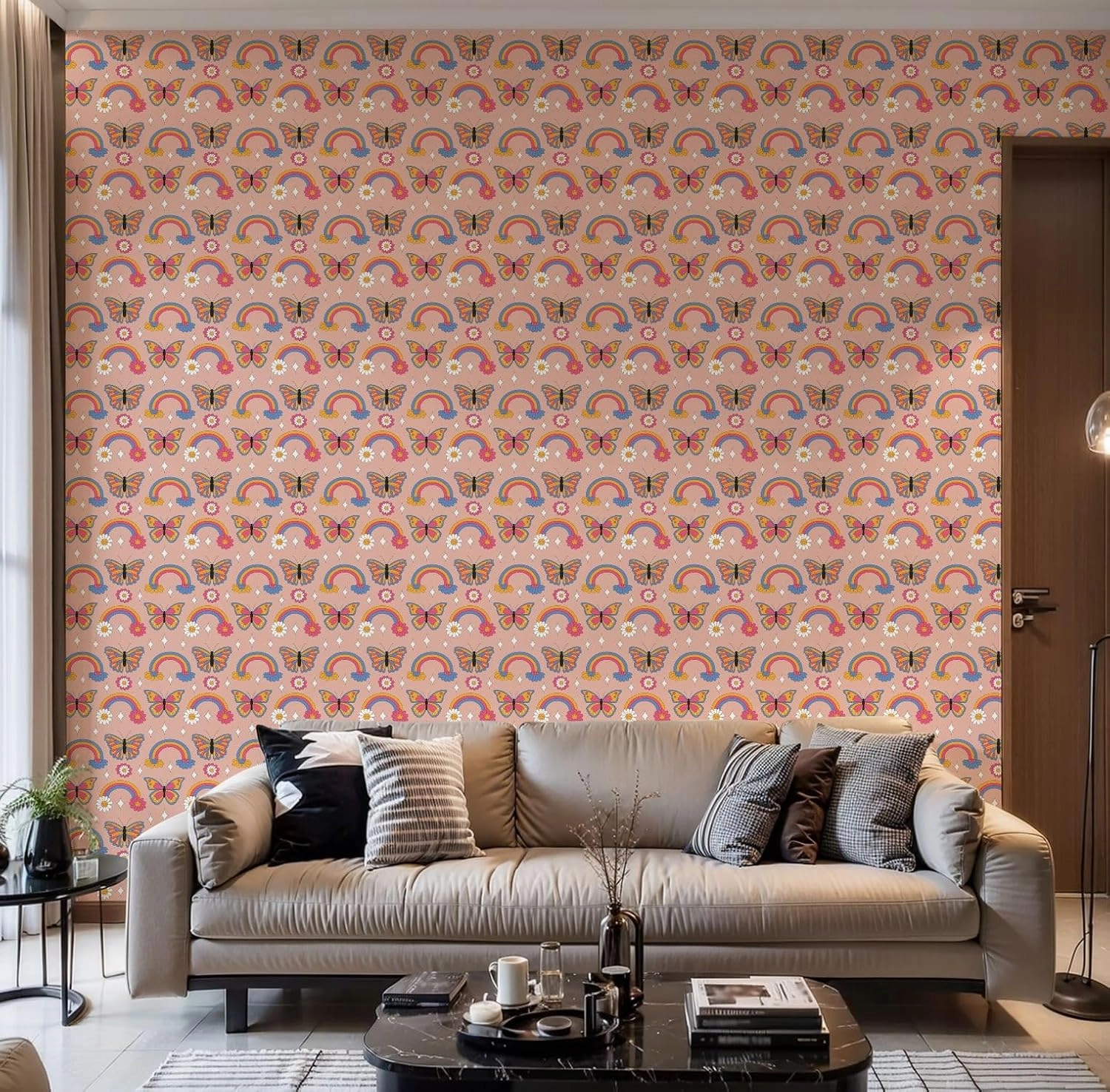 Peel and Stick Wallpaper Self Adhesive Wall Mural Seamless pattern retro daisies butterflies sparkles Summer rainbow Contact Paper Renter Friendly Wallpaper for Kitchen Nursery Bedroom 17.7"x118"