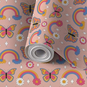 Peel and Stick Wallpaper Self Adhesive Wall Mural Seamless pattern retro daisies butterflies sparkles Summer rainbow Contact Paper Renter Friendly Wallpaper for Kitchen Nursery Bedroom 17.7"x118"