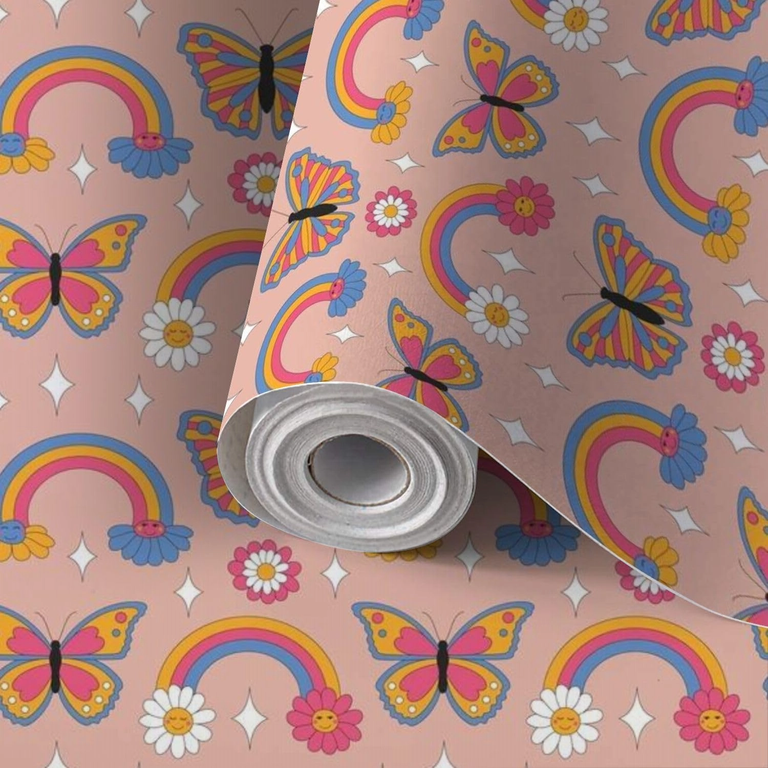 Peel and Stick Wallpaper Self Adhesive Wall Mural Seamless pattern retro daisies butterflies sparkles Summer rainbow Contact Paper Renter Friendly Wallpaper for Kitchen Nursery Bedroom 17.7"x118"