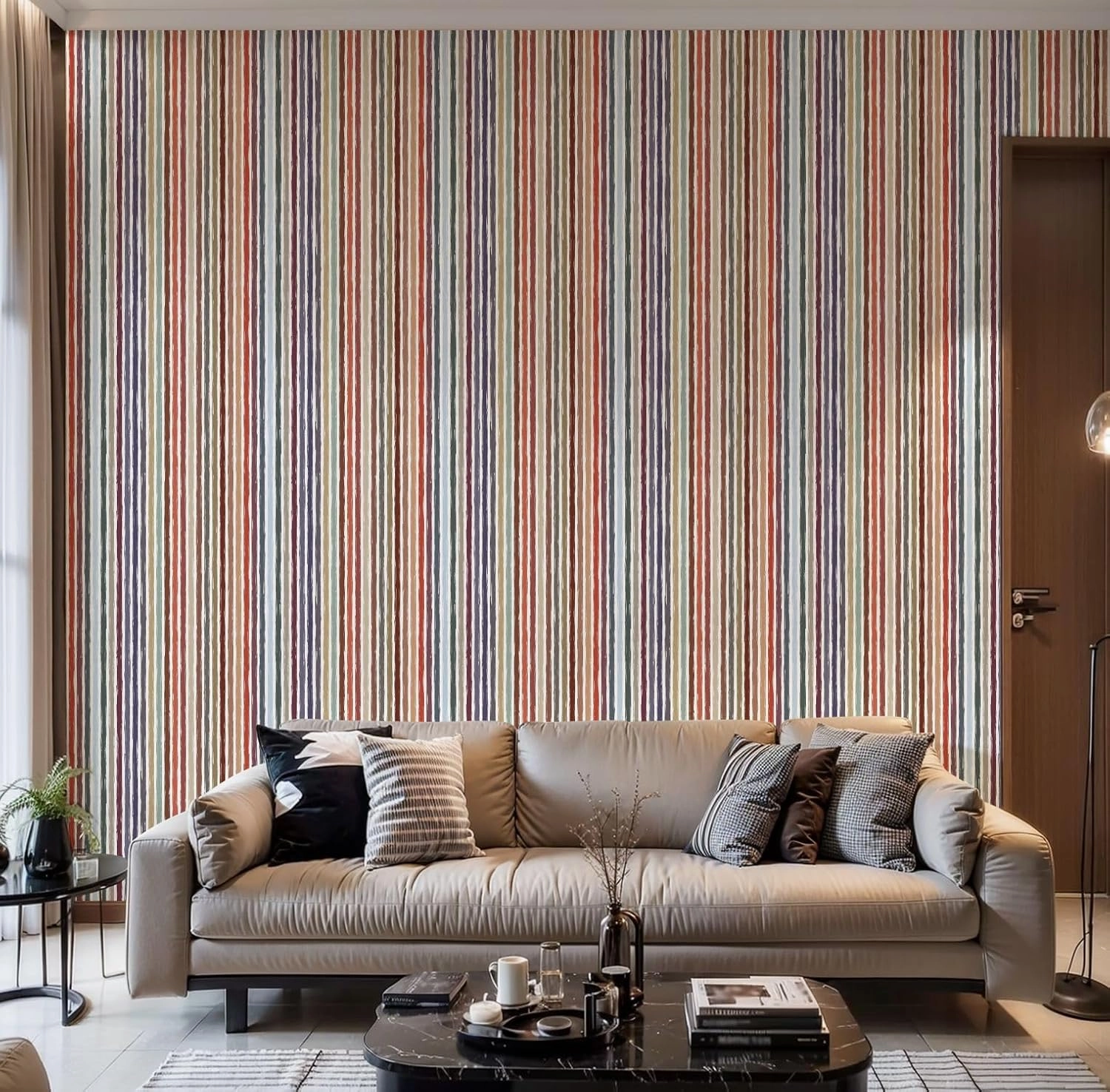 Peel and Stick Wallpaper Self Adhesive Wall Mural Seamless striped pattern Rough edged vertical multicolored stripes Contact Paper Renter Friendly Wallpaper for Kitchen Nursery Bedroom 17.7"x118"
