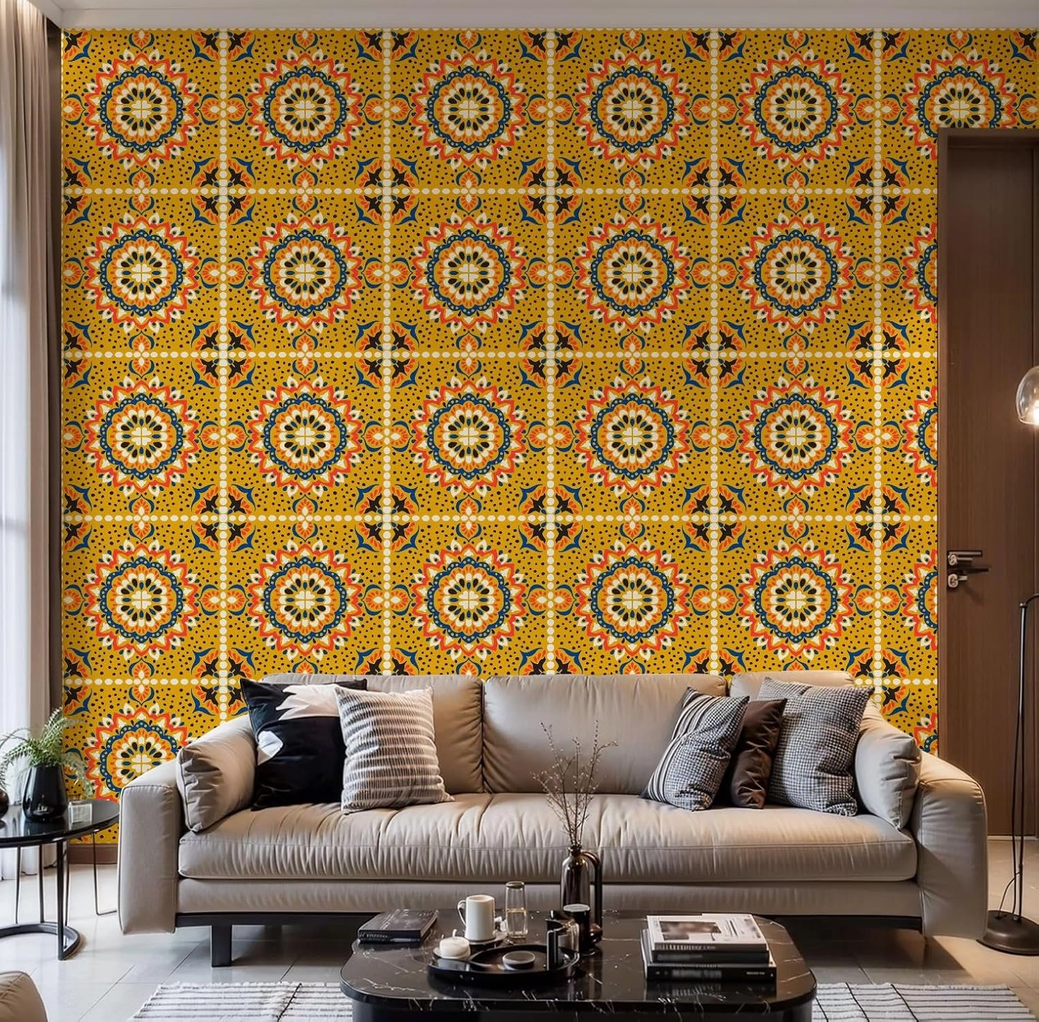 Peel and Stick Wallpaper Self Adhesive Wall Mural Talavera Azulejos portugal Turkish ornament Moroccan tile mosaic Contact Paper Renter Friendly Wallpaper for Kitchen Nursery Bedroom 17.7"x118"
