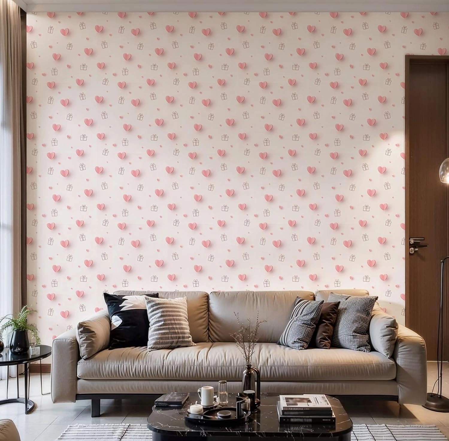 Peel and Stick Wallpaper Self Adhesive Wall Mural Valentines Hearts Gift Boxes Pink Love Seamless for Happy Contact Paper Renter Friendly Wallpaper for Kitchen Nursery Bedroom 17.7"x118"