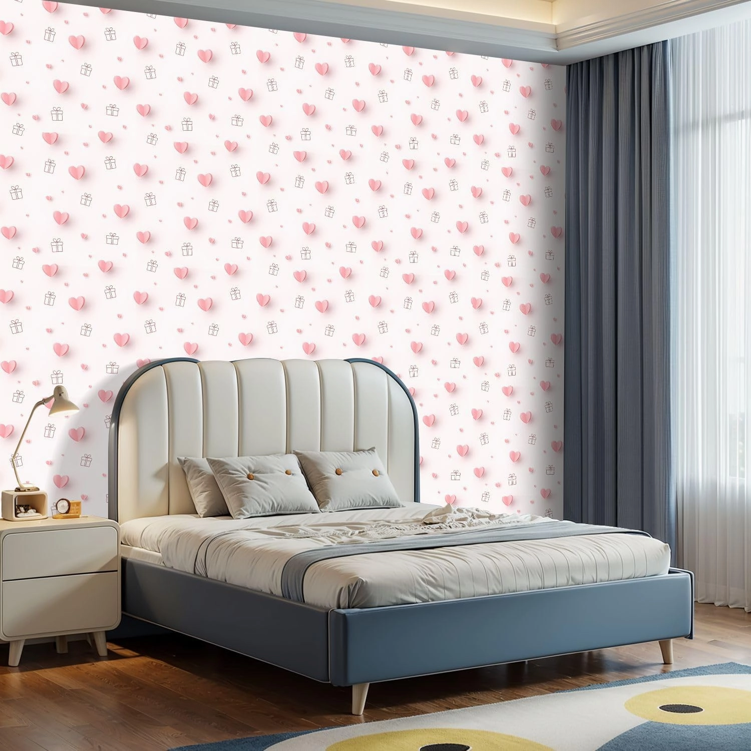 Peel and Stick Wallpaper Self Adhesive Wall Mural Valentines Hearts Gift Boxes Pink Love Seamless for Happy Contact Paper Renter Friendly Wallpaper for Kitchen Nursery Bedroom 17.7"x118"