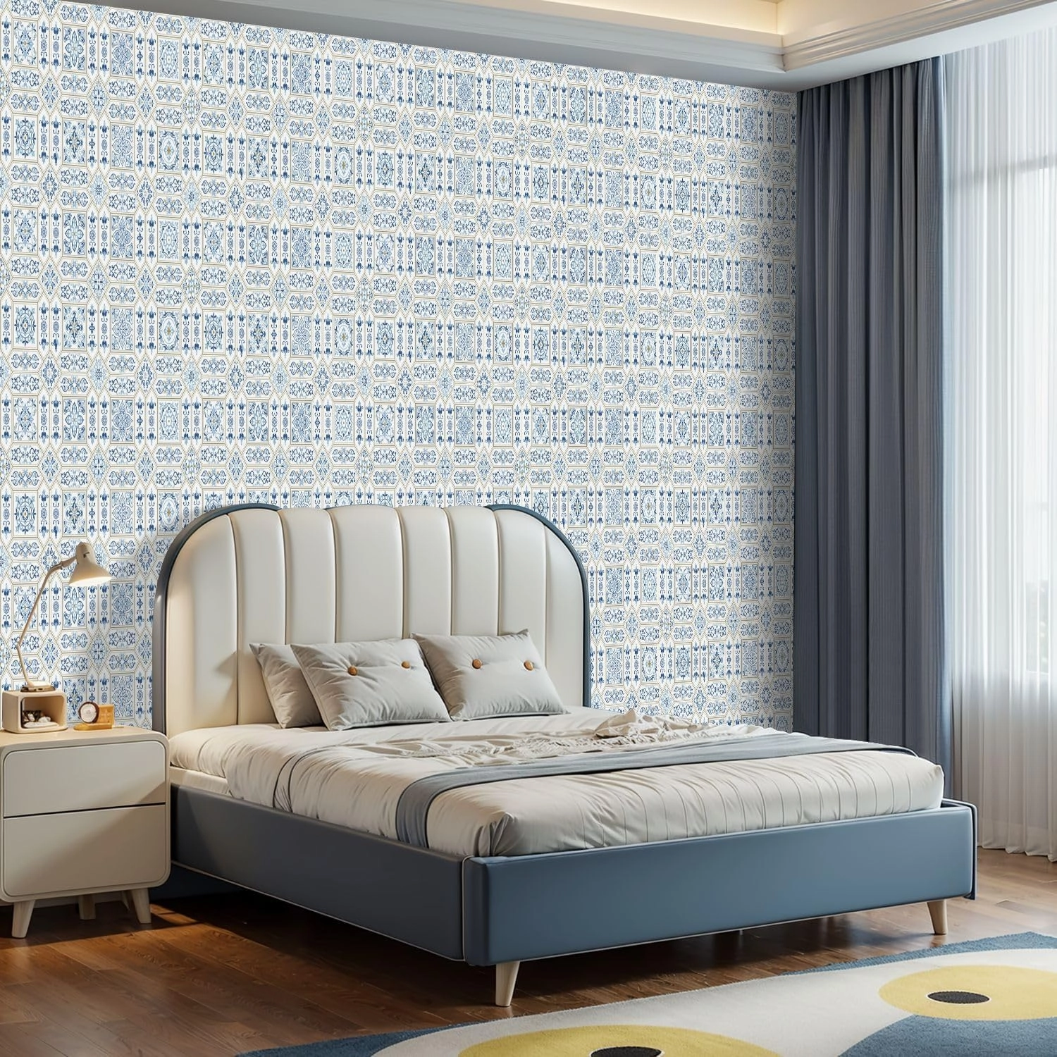 Peel and Stick Wallpaper Self Adhesive Wall Mural Vintage seamless Portugal style Azulejo Majolica pottery tile blue Contact Paper Renter Friendly Wallpaper for Kitchen Nursery Bedroom 17.7"x118"