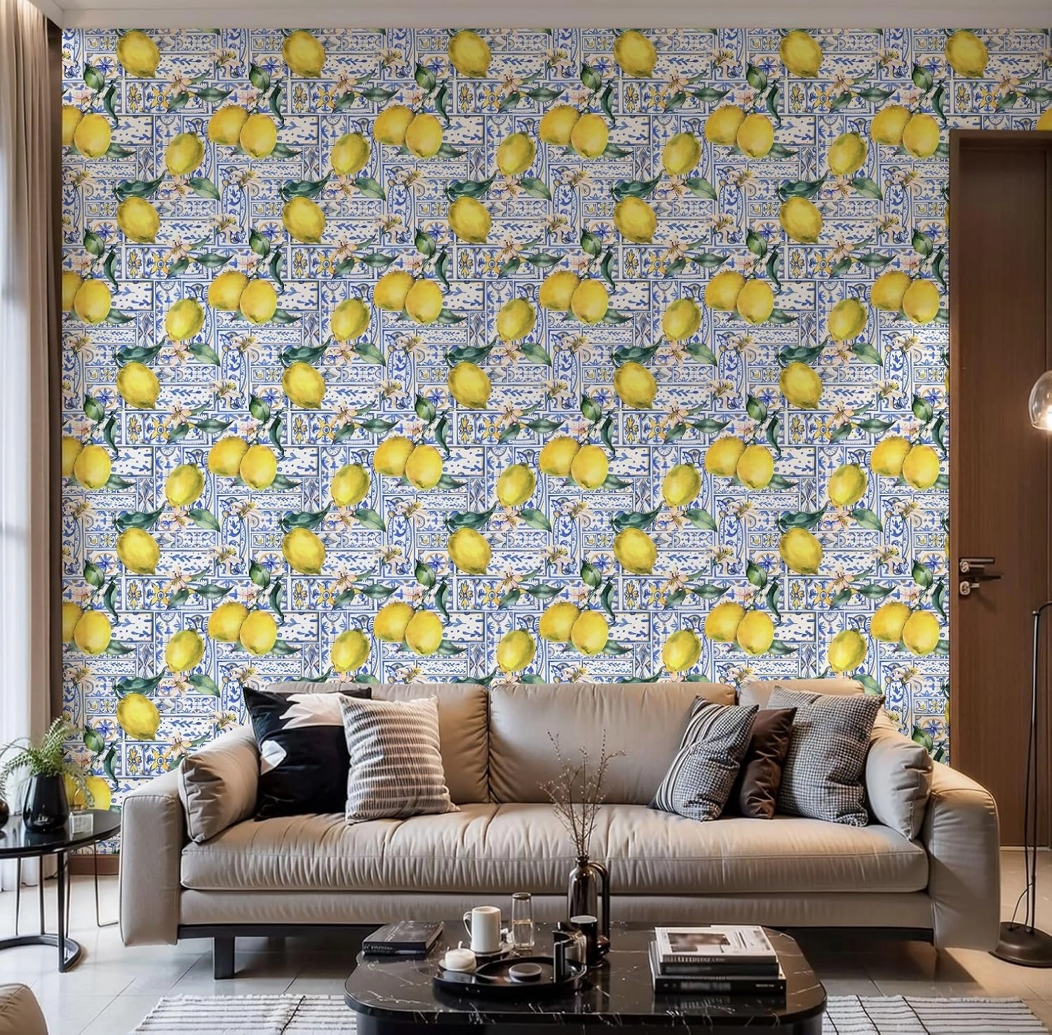 Peel and Stick Wallpaper Self Adhesive Wall Mural Watercolor Lemon Ornament Seamless Fruit Hand Drawn Yellow Contact Paper Renter Friendly Wallpaper for Kitchen Nursery Bedroom 17.7"x118"