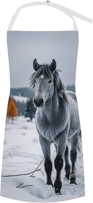 Personalized Adult Apron-Ordinary With Pocket Adjustable Bib Apron Gray Horse in Winter Landscape Snowy Wilderness Cooking Apron Kitchen Apron Chef Apron For Women Men