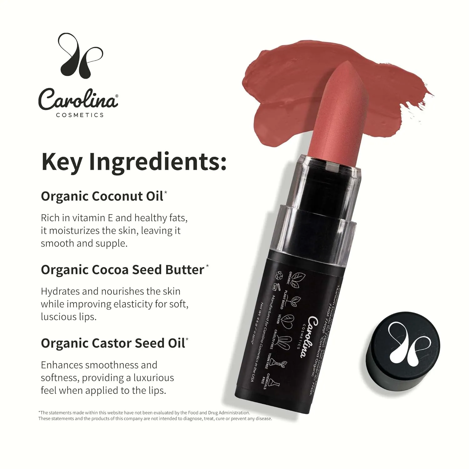 Plant-Based Moisturizing Lipstick - Japa Mala Shade 0.15oz- Hydrating with Cocoa Oil, Gluten-Free, Vegan, Non-GMO, Paraben-Free - Lightweight Cream Texture