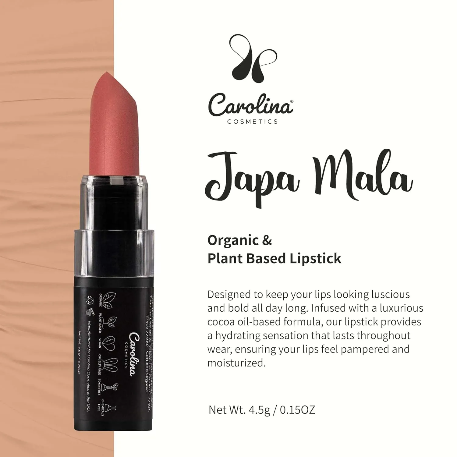 Plant-Based Moisturizing Lipstick - Japa Mala Shade 0.15oz- Hydrating with Cocoa Oil, Gluten-Free, Vegan, Non-GMO, Paraben-Free - Lightweight Cream Texture