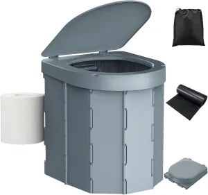 Portable Camping Toilet, Folding Toilet for Adults with Lid and Retractable Toilet Paper Holder, Waterproof Porta Potty with Carry Bag and Disposible Liners for Hiking, RV Travel, Road Trips，Dark Gray