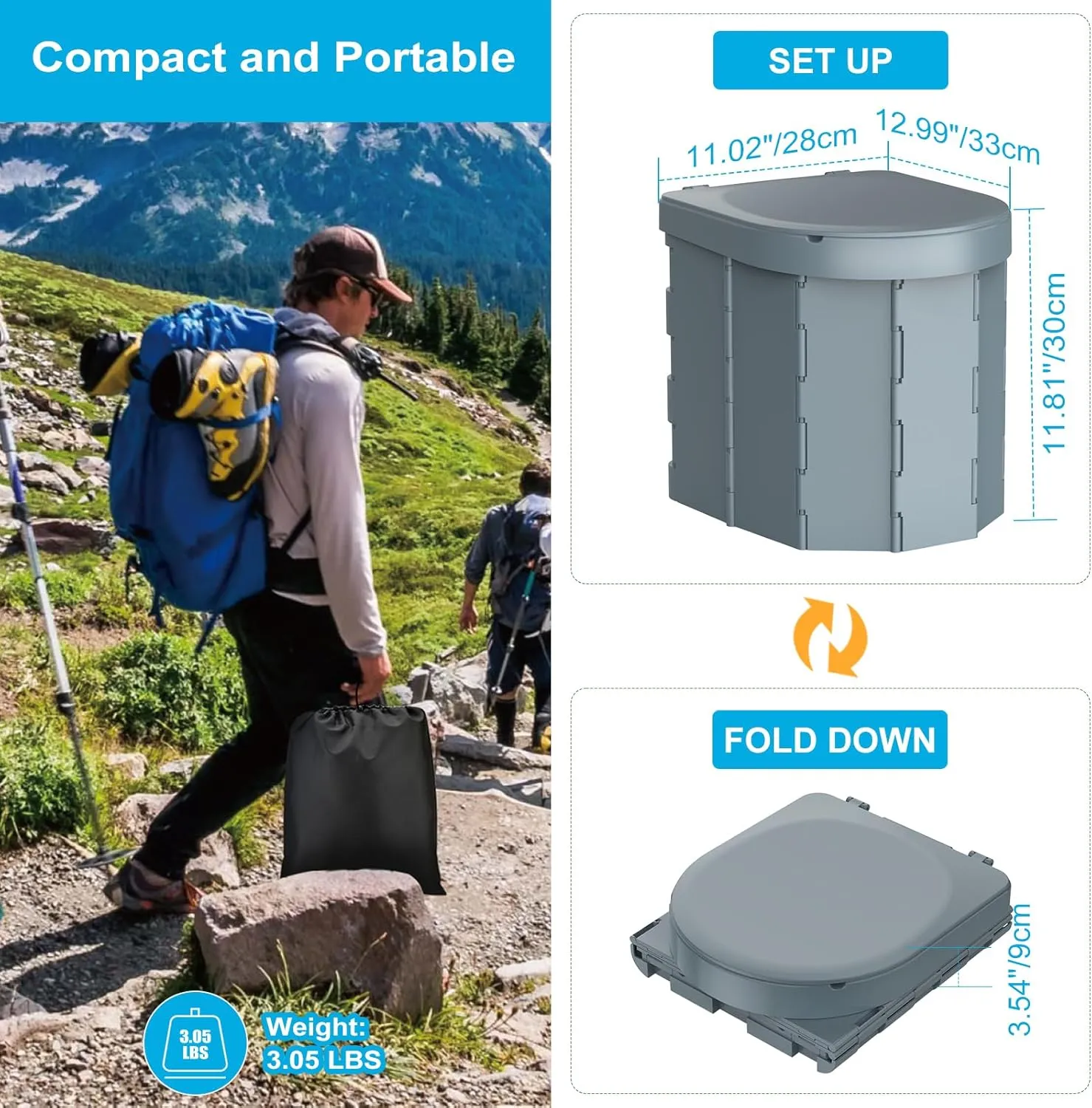 Portable Camping Toilet, Folding Toilet for Adults with Lid and Retractable Toilet Paper Holder, Waterproof Porta Potty with Carry Bag and Disposible Liners for Hiking, RV Travel, Road Trips，Dark Gray