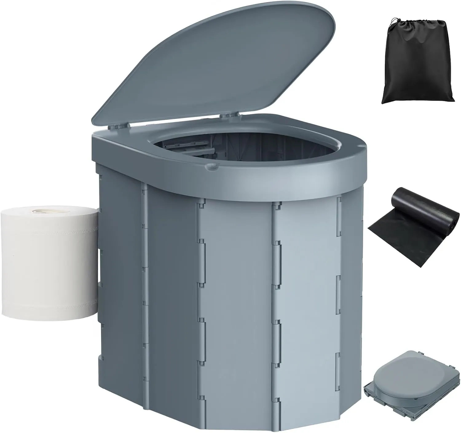 Portable Camping Toilet, Folding Toilet for Adults with Lid and Retractable Toilet Paper Holder, Waterproof Porta Potty with Carry Bag and Disposible Liners for Hiking, RV Travel, Road Trips，Dark Gray