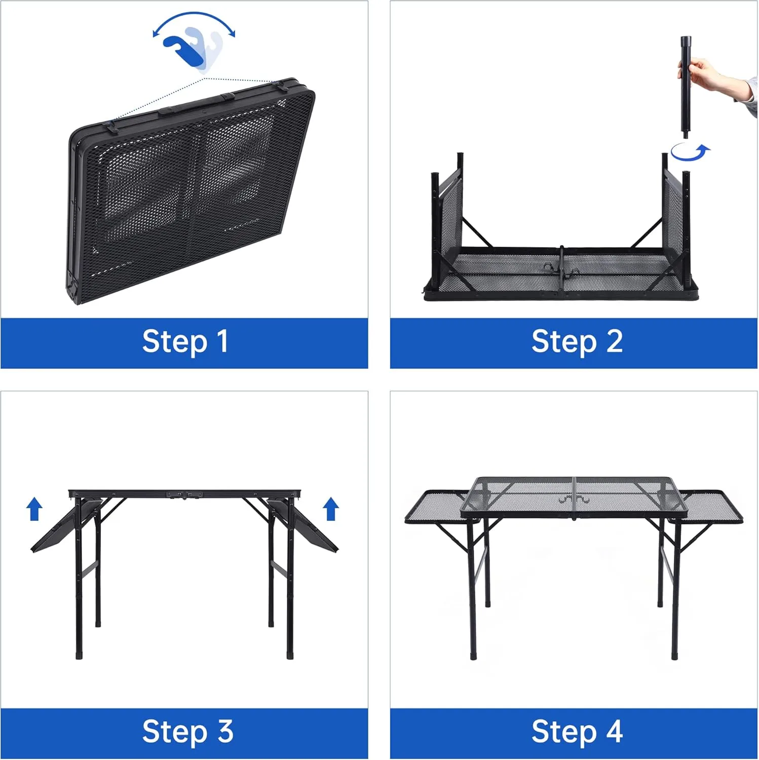 Portable Grill Table for Camping, RV Travel, BBQ, Beach & Outdoor - Metal Tabletop w/Carry Handle & Mesh Holder (4.4 FT)