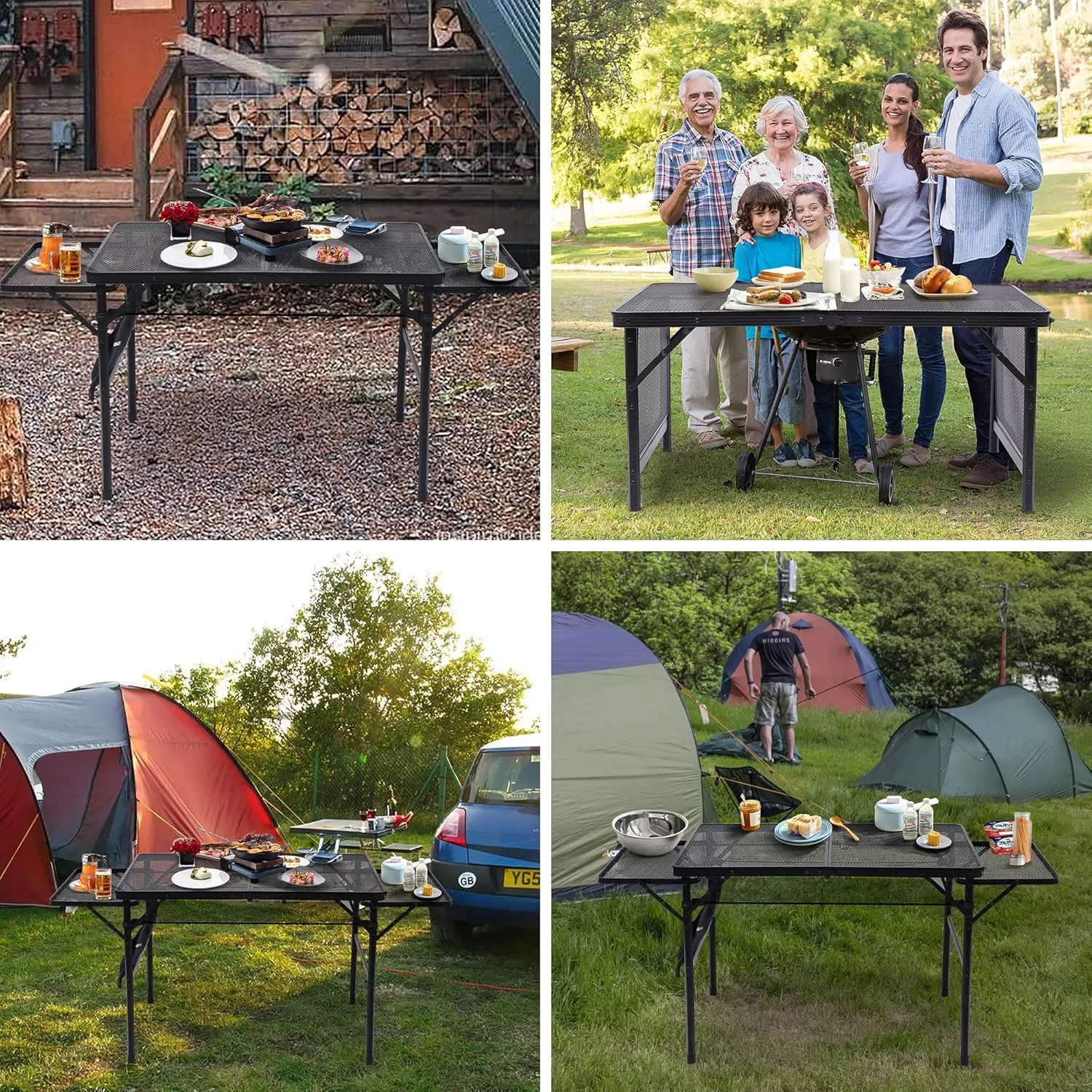 Portable Grill Table for Camping, RV Travel, BBQ, Beach & Outdoor - Metal Tabletop w/Carry Handle & Mesh Holder (4.4 FT)
