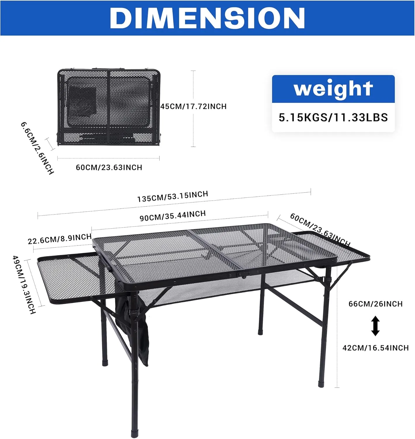 Portable Grill Table for Camping, RV Travel, BBQ, Beach & Outdoor - Metal Tabletop w/Carry Handle & Mesh Holder (4.4 FT)