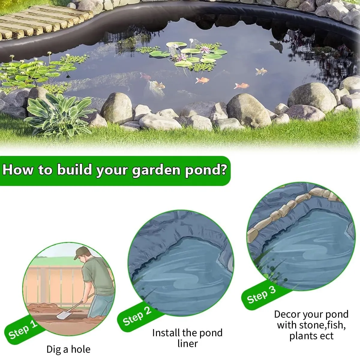 Preformed Pond Liner Fish Ponds Lining Underlayment Large HDPE Tarpaulin 10x10ft 13x26ft 26x43ft 49x49ft Anti-Seepage Membrane for Garden Fountain Waterfall Backyard Reservoir(4x8.0m(13x26ft))