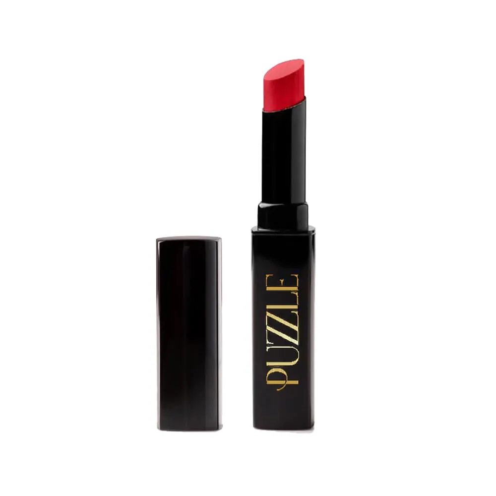 PUZZLE Satin Lipstick | Creamy, Long-Lasting, Moisturizing, Weightless, Cruelty-Free, Vegan, Paraben-Free, Medium Pigment Color (SOS | Red)