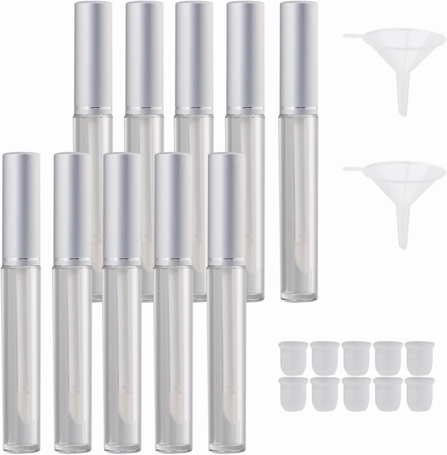 RDEXP 3.5ml Clear Plastic Transparent Refillable Travel Empty Lip Gloss Bottle Tube Set of 10 Silver