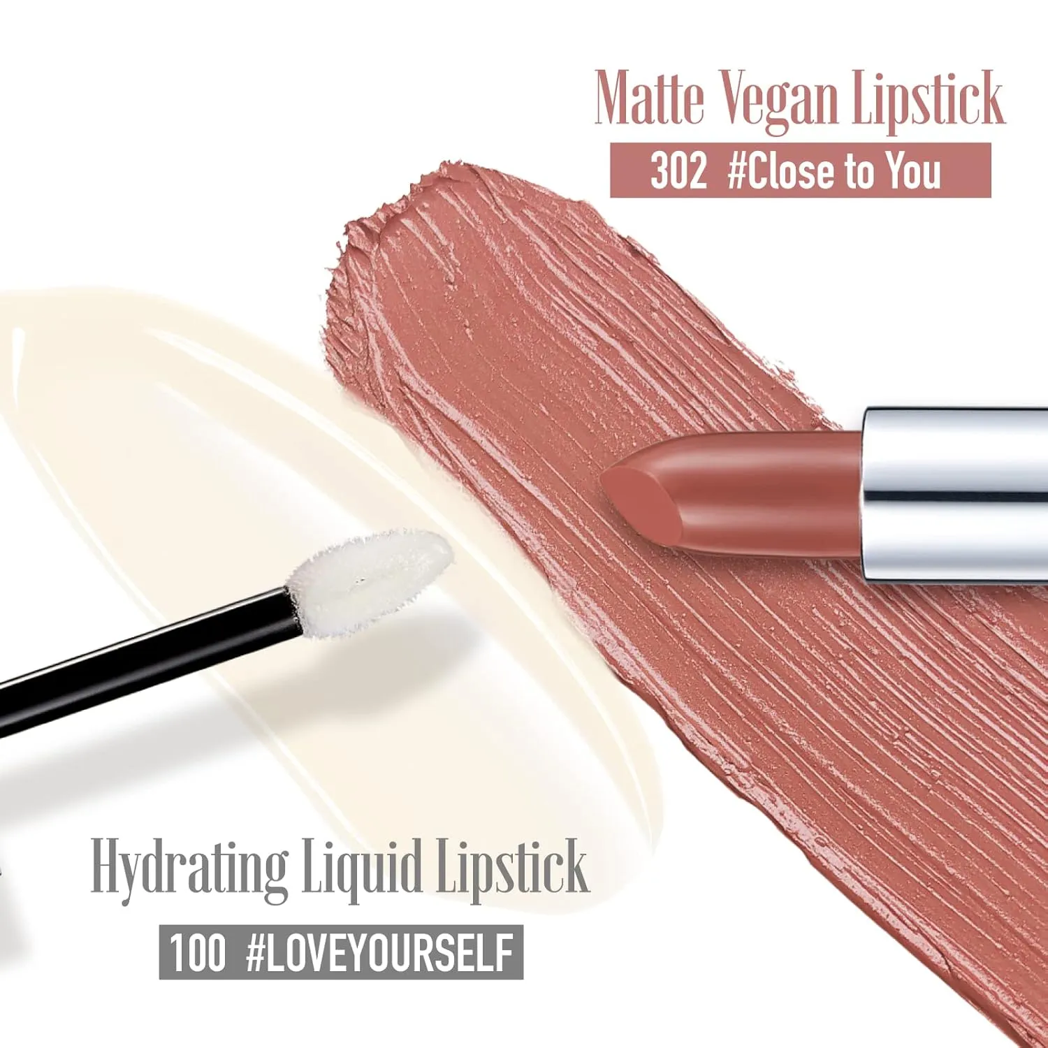 READY TO SHINE Matte Vegan Creamy Satin Lipstick and Clear Lip Glow Set-CRUSH ON YOU (302-Close to You 100-Love Yourself)