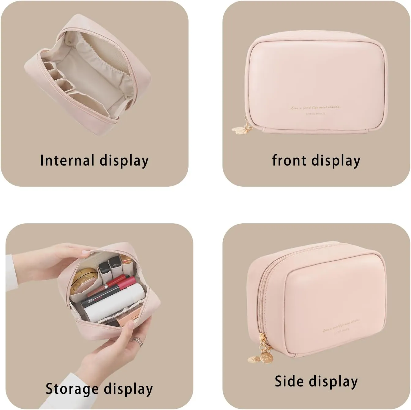 RIGHT AWAY Makeup Bag,Travel Cosmetic Bag Organizer with Zipper,Waterproof Toiletry Bags Makeup Pouch for Purse, Small Make Up Bag &Cases with Compartments for Women Girls（Pink）