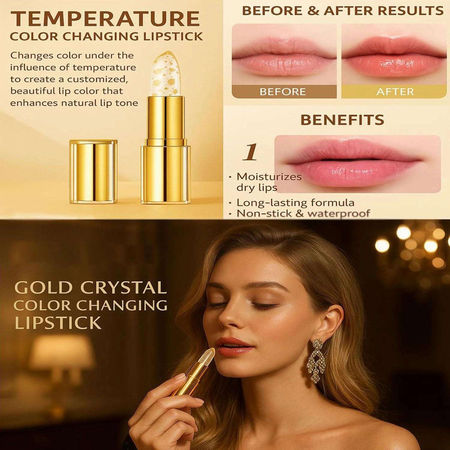 Roarrave Mood Lipstick, Clear Lipstick That Changes Color, Gold Crystal Colors Changed Lip Stick for Women Long-Lasting Moisturizer & Nourishing Lip Gloss (1pc)