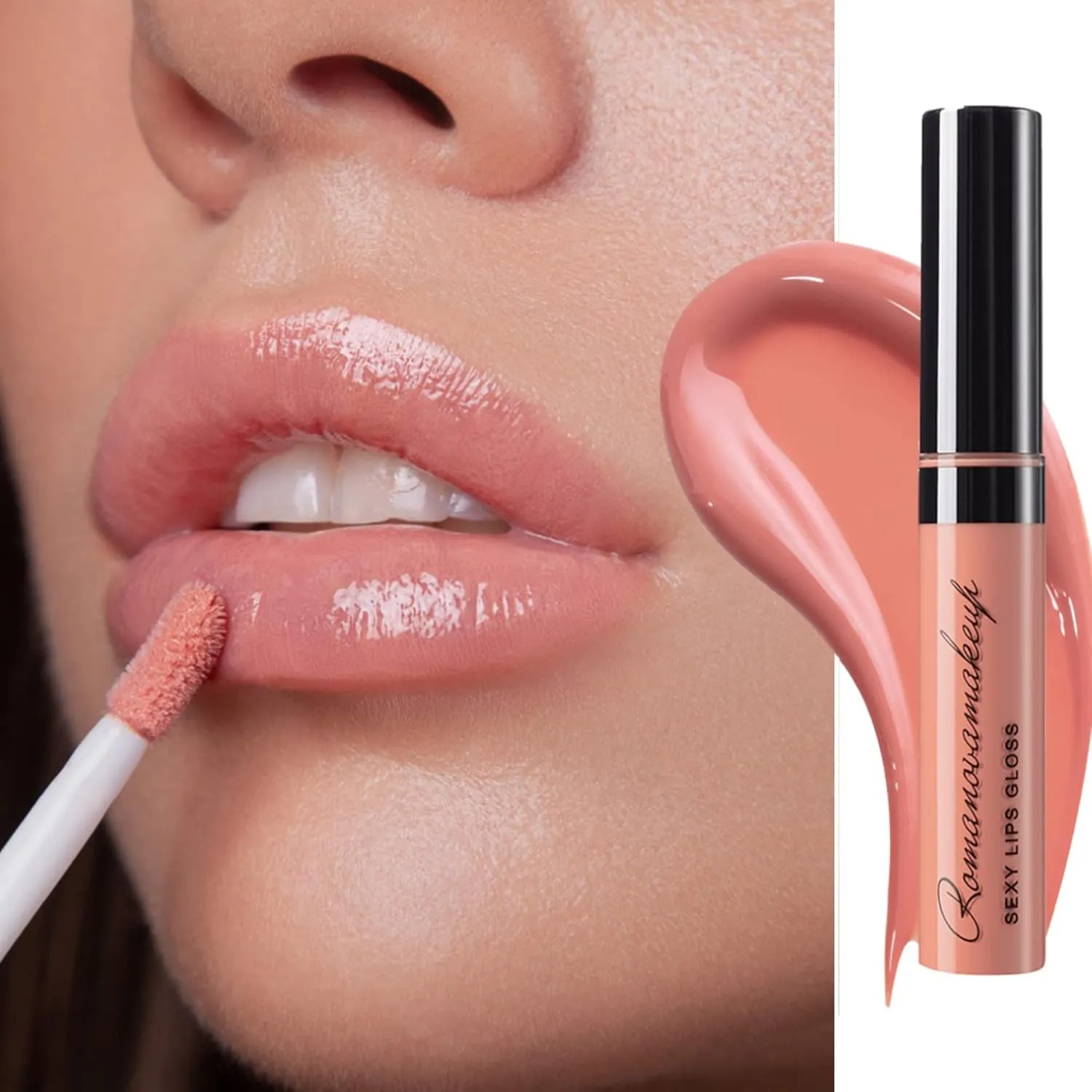 Romanovamakeup Sexy Lip Gloss FABULOUS. Rich, Non-sticky, Soothing, Naturally moisturize, Hydrating, Glitter Lip Gloss MILKY CORAL SHADE Easy to wear, Keeps Smooth & Soft Lipgloss, Travel size.
