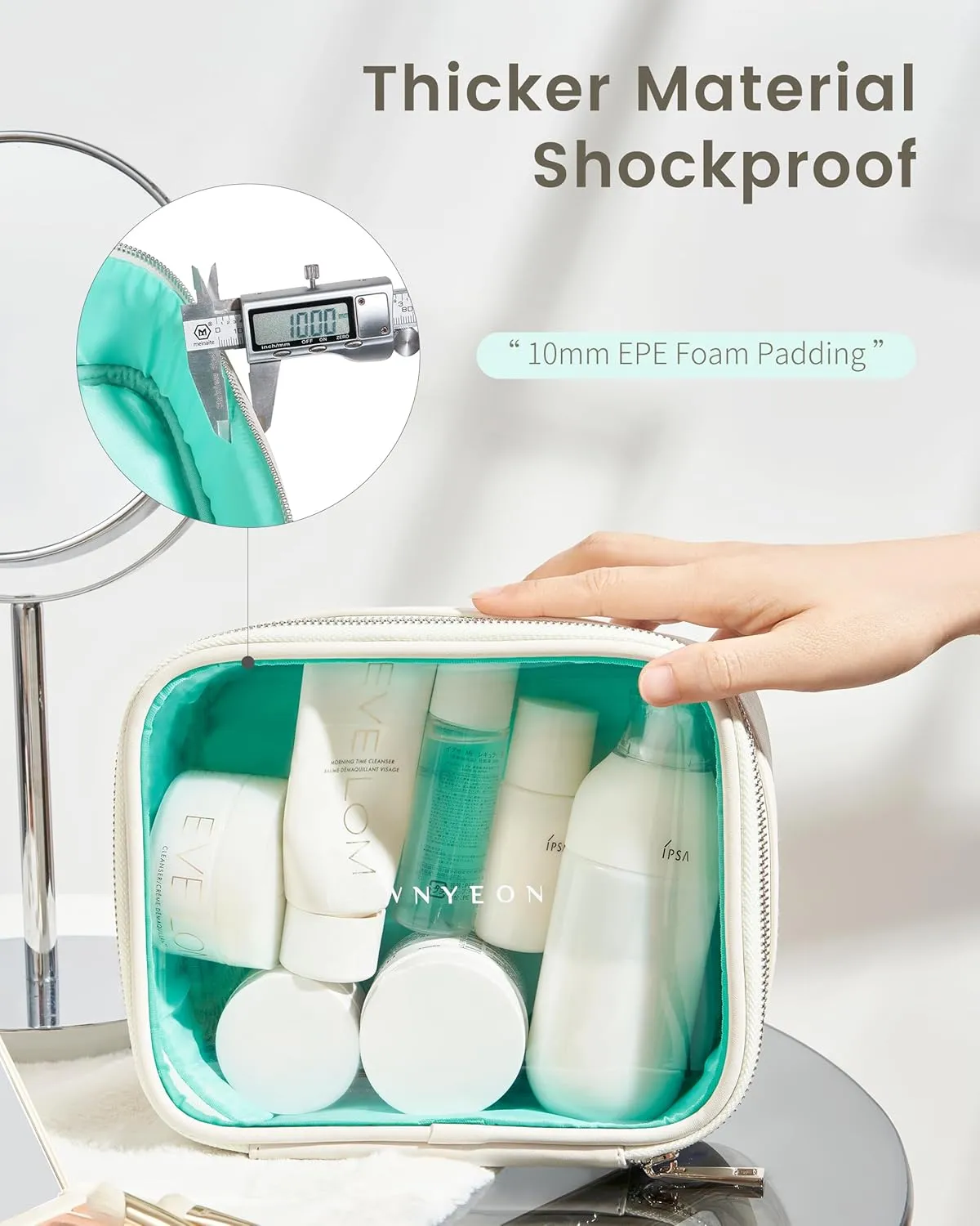 ROWNYEON 3-Piece Premium Cosmetic Organizer Set - Clear PVC & Faux Leather Storage Bags with Jewel-Tone Blue Lining, Waterproof Travel Toiletry Cases for Home/Carry-On (Jumbo/Medium/Mini)