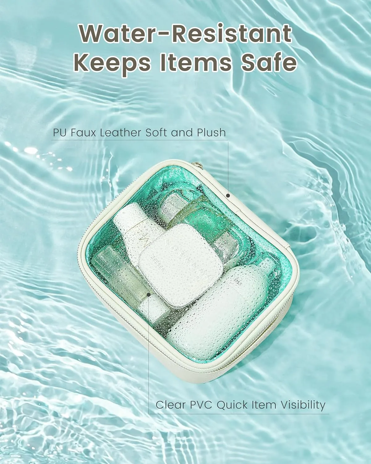 ROWNYEON 3-Piece Premium Cosmetic Organizer Set - Clear PVC & Faux Leather Storage Bags with Jewel-Tone Blue Lining, Waterproof Travel Toiletry Cases for Home/Carry-On (Jumbo/Medium/Mini)