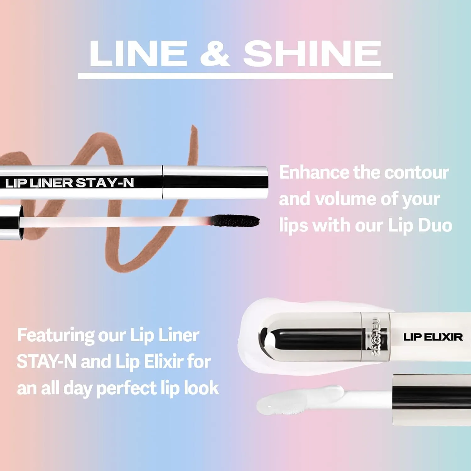 Sacheu Lip Liner Stay-N & Lip Elixir Bundle — Long Lasting Matte Lip Tattoo, Transfer Proof Lipstain Infused with Hyaluronic Acid & Vitamin E, for All Skin Types — P-inked and Clear