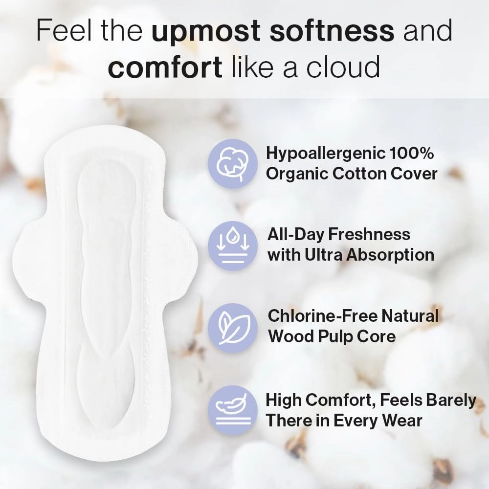 SANDIS Feminine Pad for Women - Regular 56 Count 100% Organic Cotton Ultra Thin with Wings for Periods Menstrual Pads Sanitary Napkins Super Absorbency Leak Protection