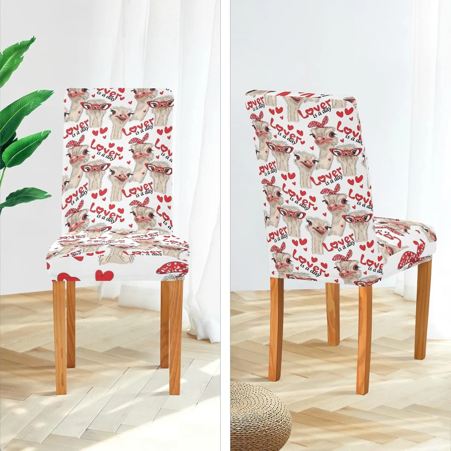 Seamless Ostriches with Red Glasses Hairpins Lover is a Day Dining Chair Slipcovers, 4 Packs Stretch Chair Cover Removable Washable Seat Protector Universal Fit for Home Kitchen Dining