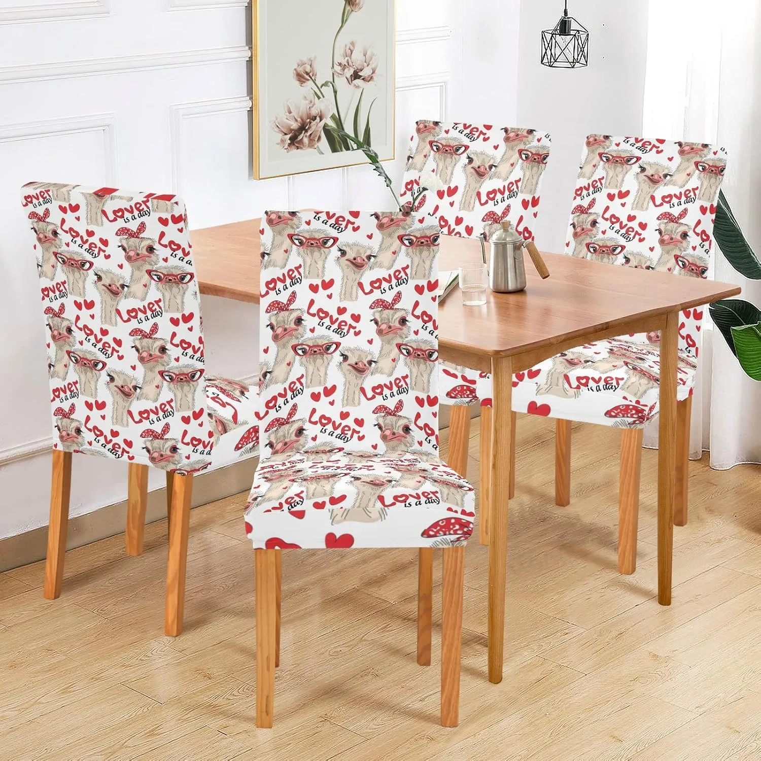 Seamless Ostriches with Red Glasses Hairpins Lover is a Day Dining Chair Slipcovers, 4 Packs Stretch Chair Cover Removable Washable Seat Protector Universal Fit for Home Kitchen Dining
