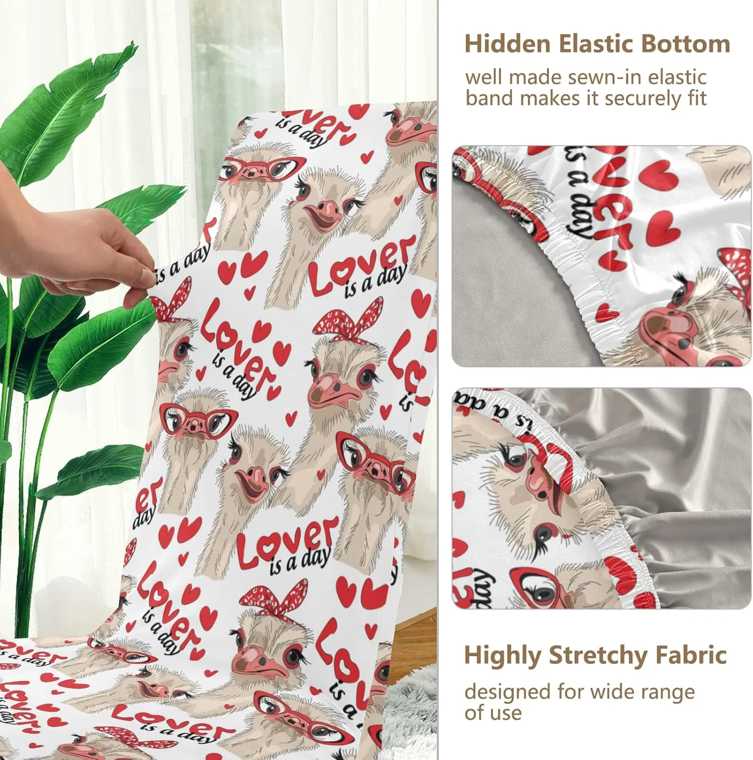 Seamless Ostriches with Red Glasses Hairpins Lover is a Day Dining Chair Slipcovers, 4 Packs Stretch Chair Cover Removable Washable Seat Protector Universal Fit for Home Kitchen Dining