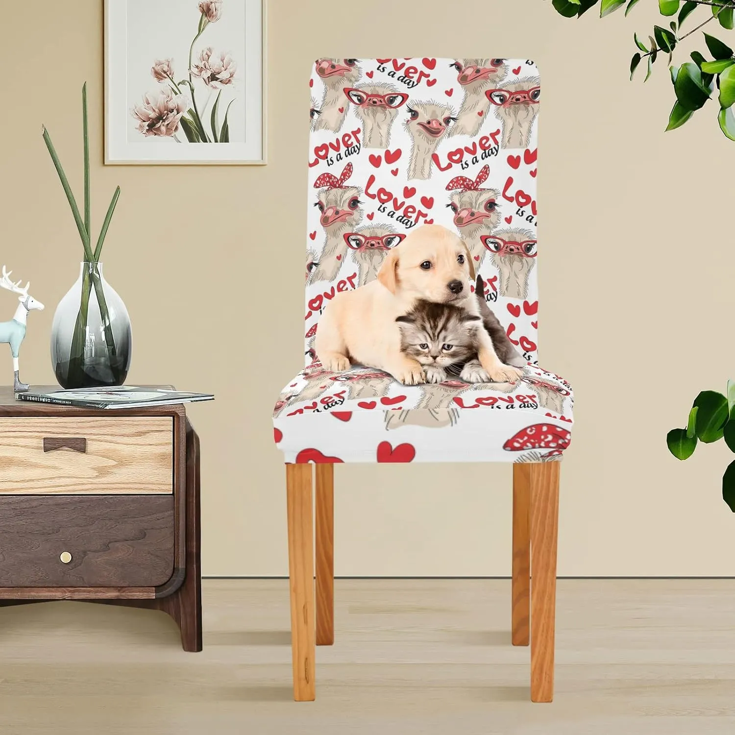 Seamless Ostriches with Red Glasses Hairpins Lover is a Day Dining Chair Slipcovers, 4 Packs Stretch Chair Cover Removable Washable Seat Protector Universal Fit for Home Kitchen Dining