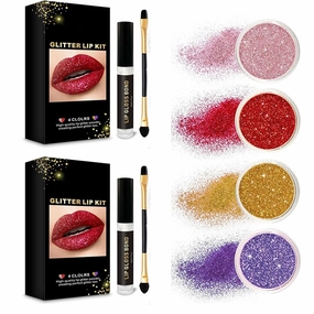 Sheglittary Glitter Lip Kit, Glitter Lip Kit, 4 Colors Diamond Glitter Lip Kit Lipgloss for Women, Glitter Lipgloss, Non-stick, High Pigment Glitter Lip Stick Kit(2)