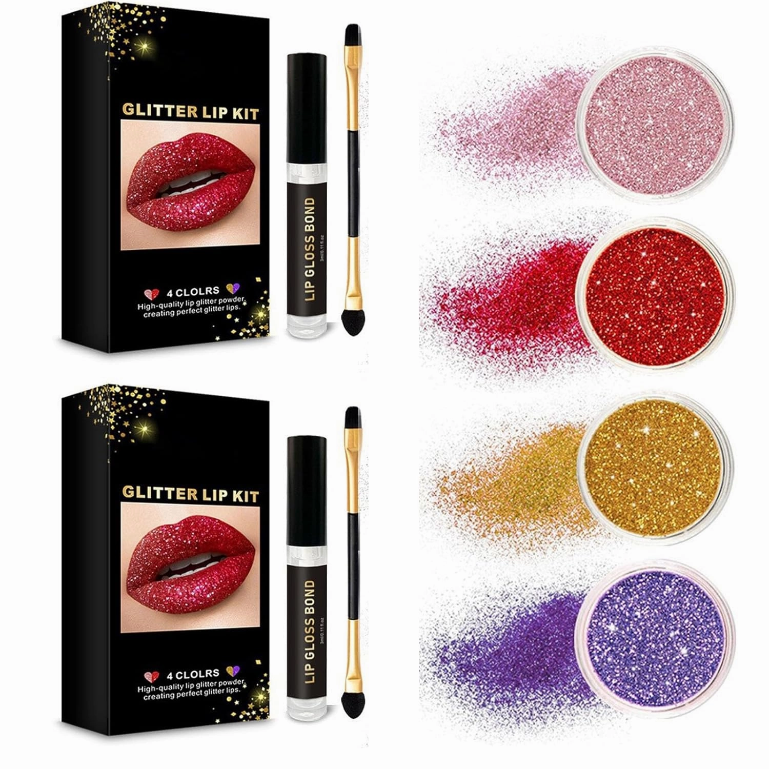 Sheglittary Glitter Lip Kit, Glitter Lip Kit, 4 Colors Diamond Glitter Lip Kit Lipgloss for Women, Glitter Lipgloss, Non-stick, High Pigment Glitter Lip Stick Kit(2)