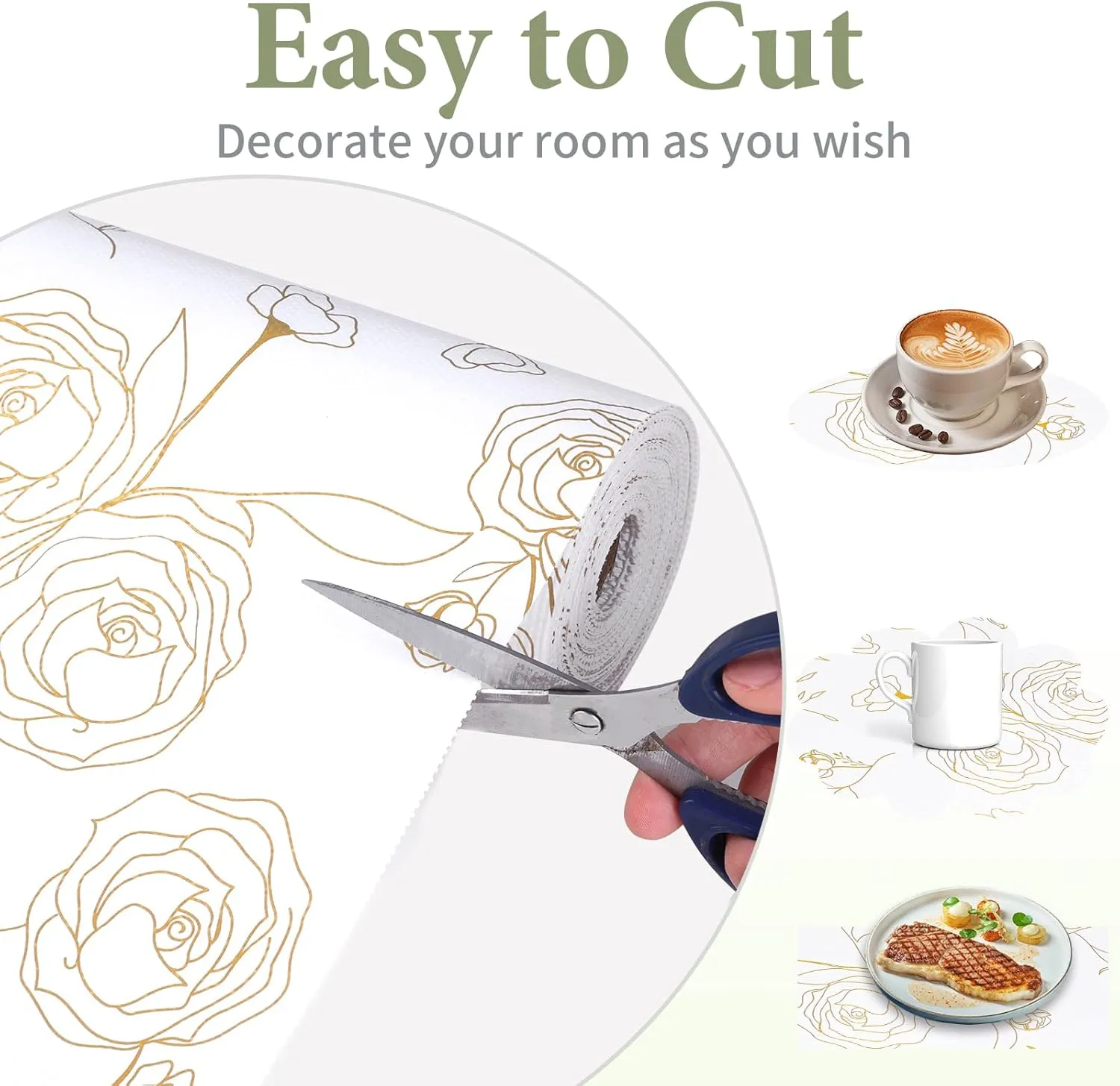 Shelf Liners for Kitchen Cabinets 12in x 20FT Non Adhesive Drawer Liner Gold Floral Thickened Shelf Liner Paper Strong Non-Slip Easy to Clean for Tool Box Refrigerator with Knife and Tape Measure