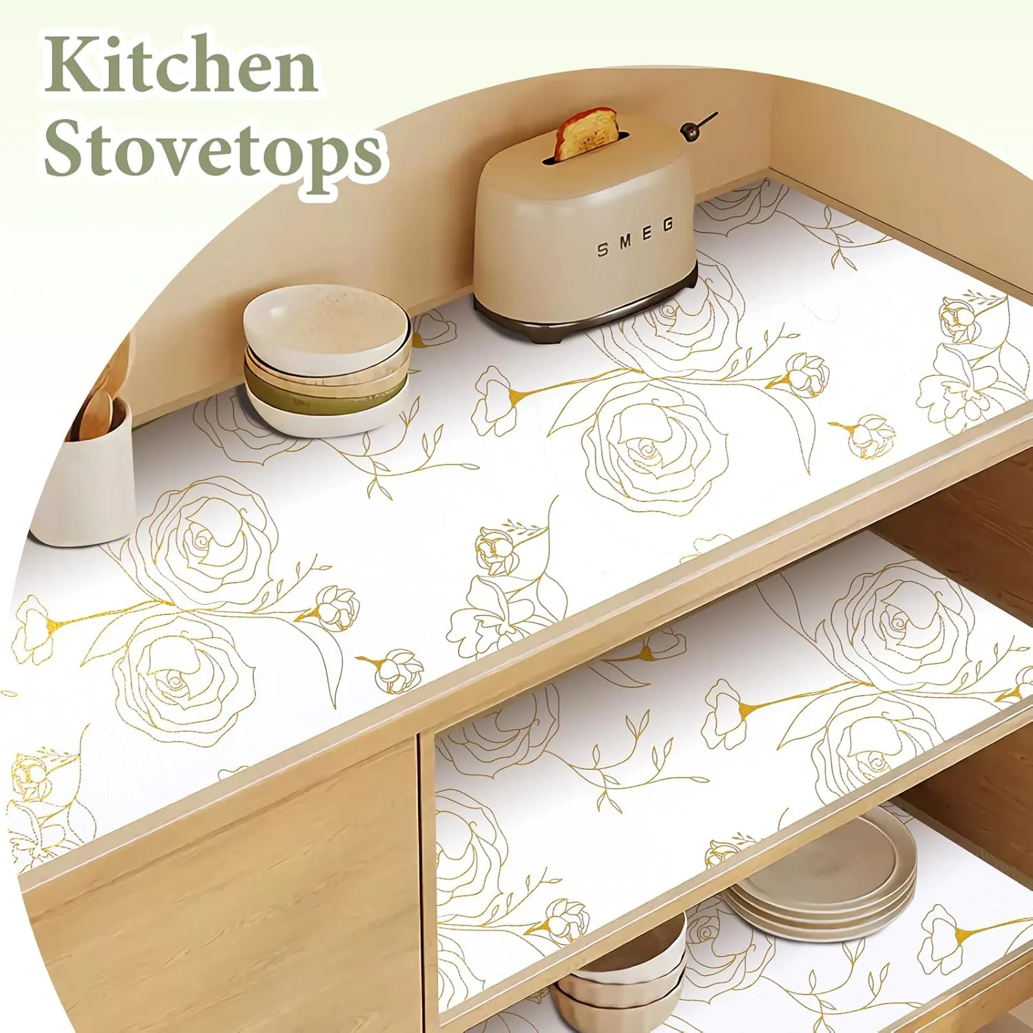 Shelf Liners for Kitchen Cabinets 12in x 20FT Non Adhesive Drawer Liner Gold Floral Thickened Shelf Liner Paper Strong Non-Slip Easy to Clean for Tool Box Refrigerator with Knife and Tape Measure
