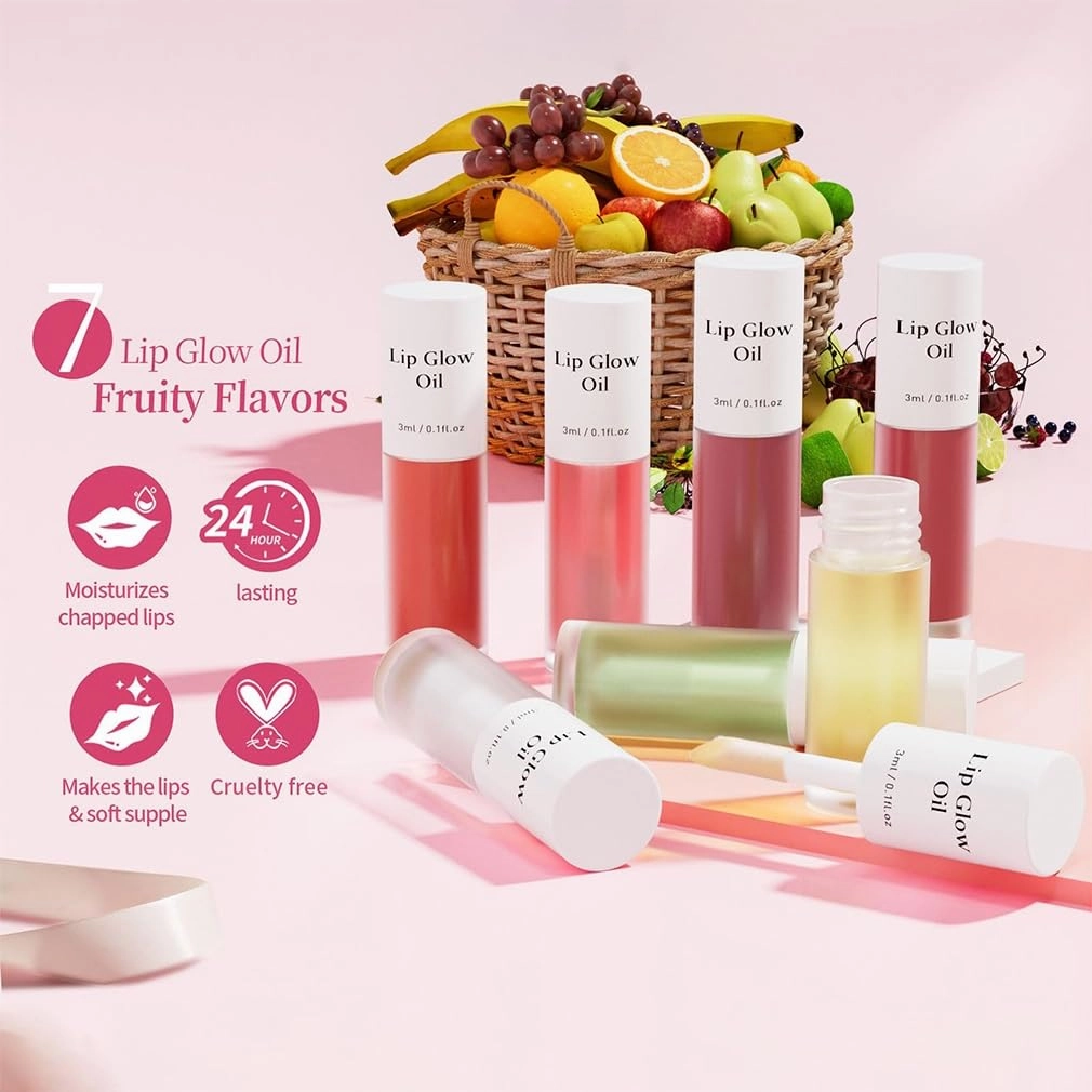 Shiftalter Tinted Lip Glow Oil, Get the Long-Lasting Waterproof Perfect Pout for Lush, Nourishing Fruit Flavor 0.10 Fl Oz Hydrated Lips, Nude Clear Glossy Shiny Lip Stain Glows Tint Oil(7pcs)